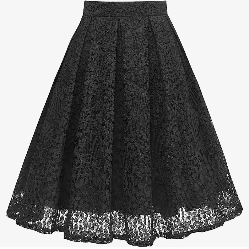 Women High Waist Pleated A-Line Knee Length Lace Pockets Skirt